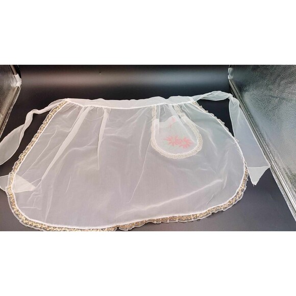 Vintage Sheer Nylon Half Christmas Embroidered Apron W/Pocket & Gold Trim - Picture 8 of 11